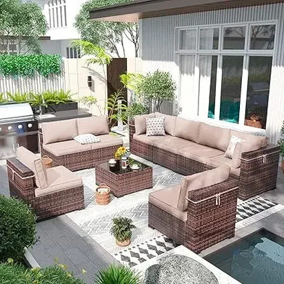 Patio Furniture Set Outdoor Modern Sectional  Wicker Couch with Glass Coffee Table, Thicken Cushions, Waterproof Cover