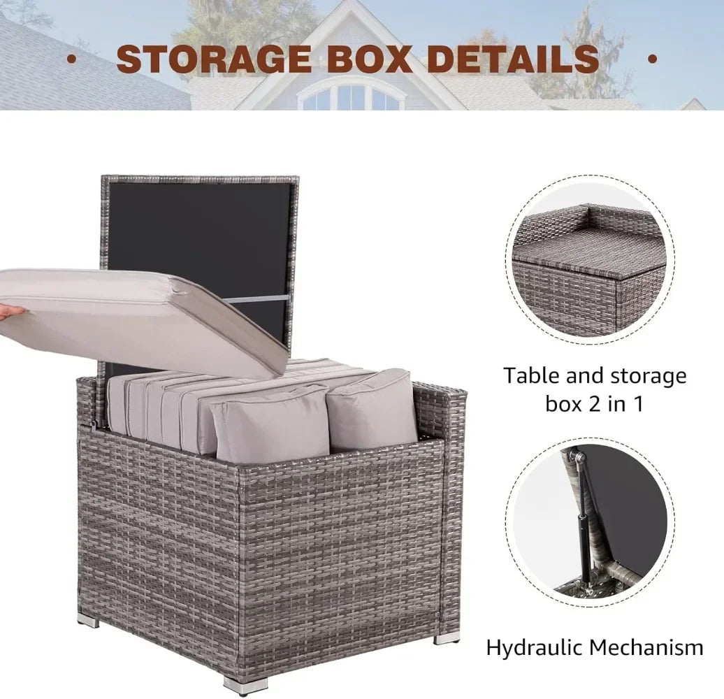 A 8 Pieces Patio Furniture Set Wicker Outdoor Conversation Set Rattan Sectional Sofa Set w/Storage Box & Glass Coffee Table