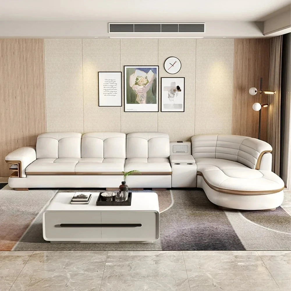 Luxury L-Shaped Genuine Leather Sectional Sofa Sets with USB, Bluetooth Speaker - MINGDIBAO Living Room Italian Leather Couches