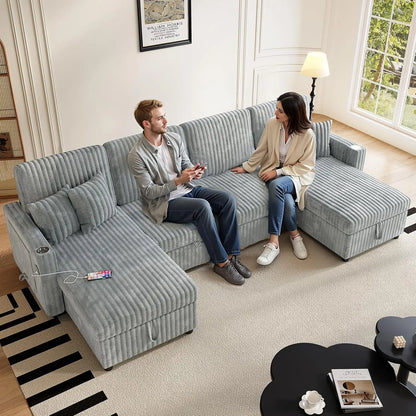 Sleeper Sectional Sofa, 110" Modern U Shaped Couch with Pull Out Bed, Convertible Corduroy Cloud Sofa with Double, Customized