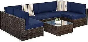 Seven Piece Modular Set, Outdoor Sectional Wicker Patio, Conversation With Two Pillows, Coffee Table Cover Included