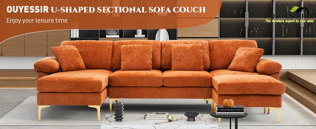 U Shaped Sectional Sofa Couch Set for Living Room Convertible Velvet with Chaise Lounge Ottoman and Pillows