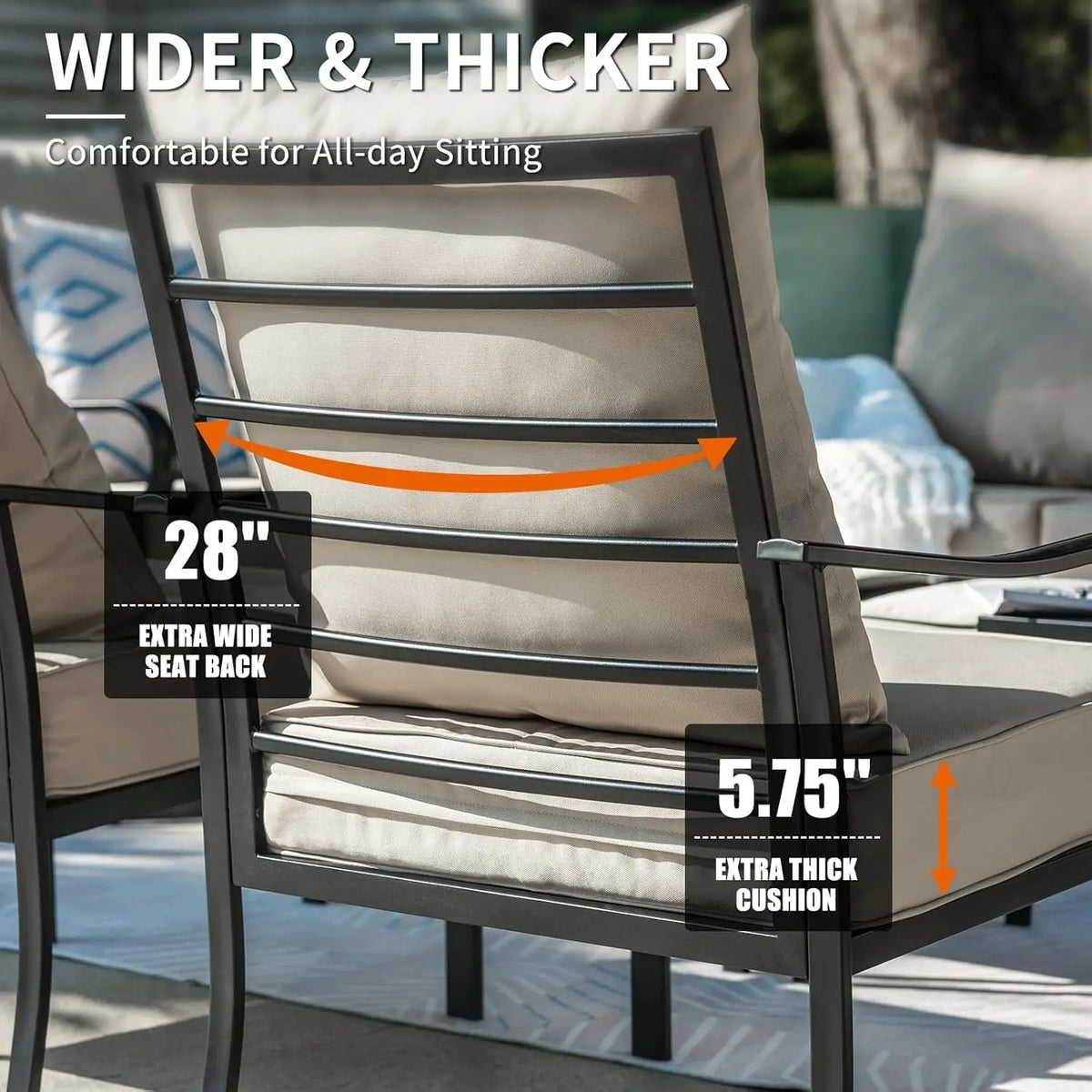 5 Piece Patio Furniture Set, Metal Patio Conversation Set with 1x3 Seater Sofa & 2xSwivel Chairs & 2xOttomans, 5.75'' Extra Thic