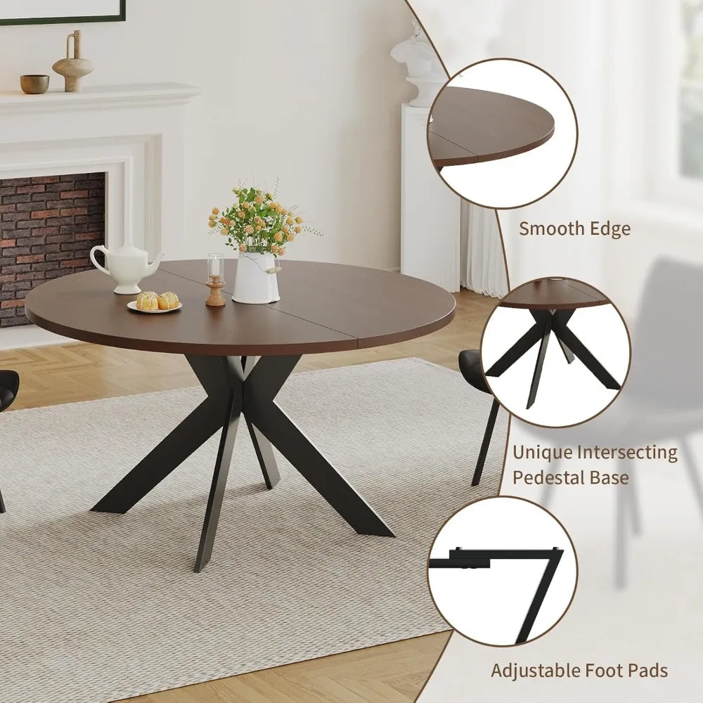 Mid-Century Modern Round Dining Table Set for 4, Walnut Wood Table & Black Chairs, Small Space Furniture
