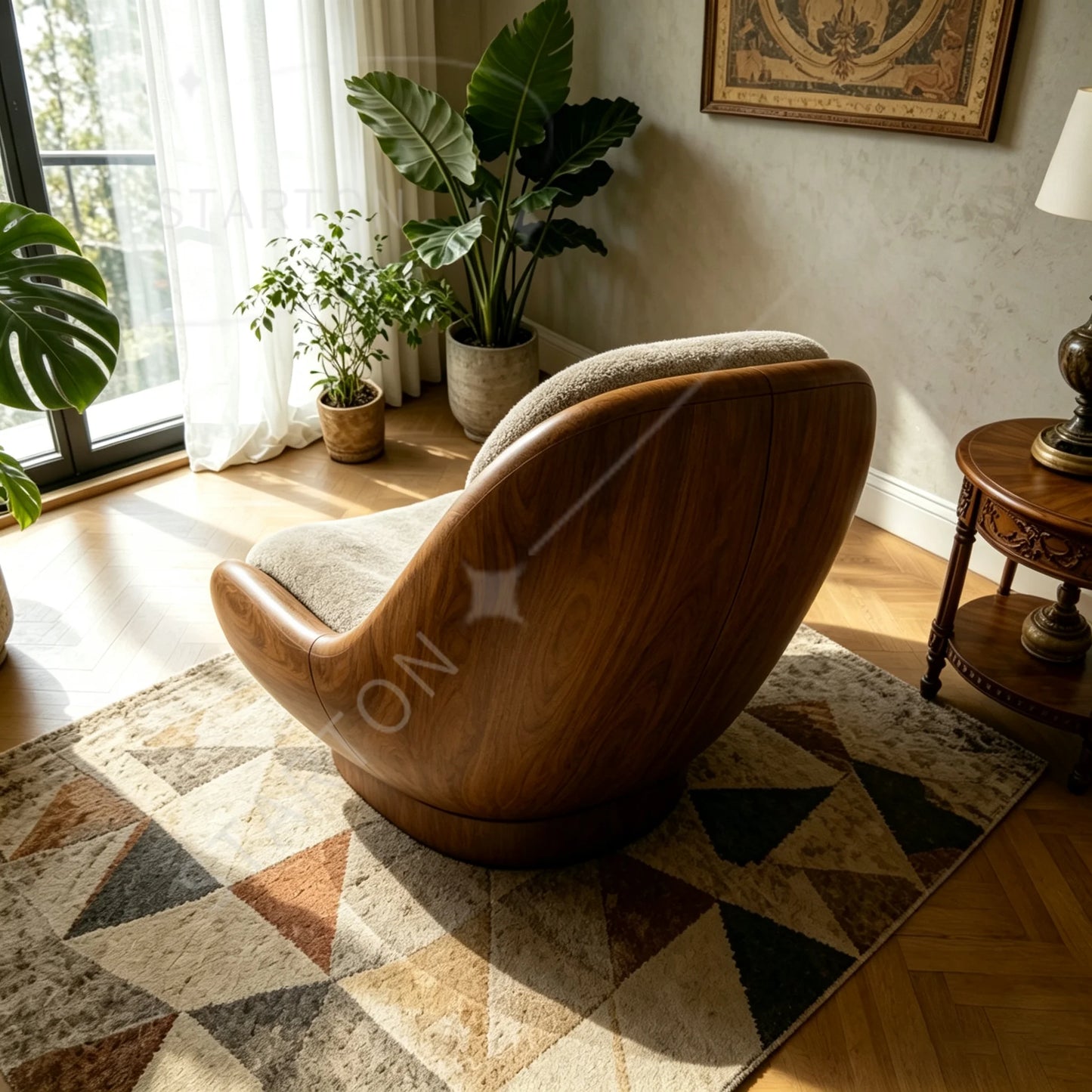Modern Luxury Swivel Accent Chair with Sculptural Walnut Frame and Soft Boucle Upholstery