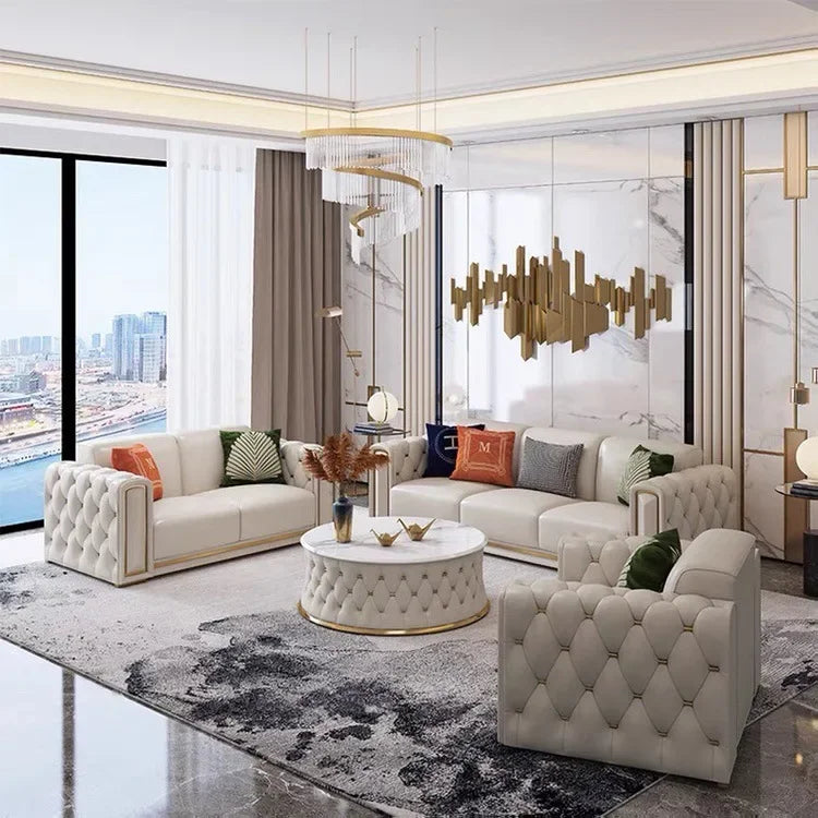 -Modern Luxury High-end Living Room Sofa Set Furniture Upholstered Full Leather Button Tufted Sofa Home