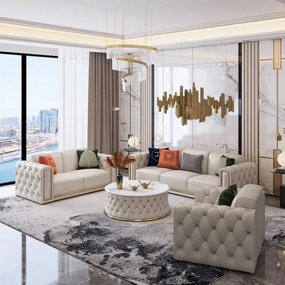-Modern Luxury High-end Living Room Sofa Set Furniture Upholstered Full Leather Button Tufted Sofa Home