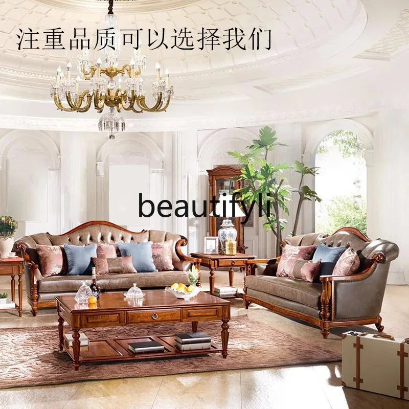 QQ132 American Style Genuine Leather Art Solid Wood Sofa Country  Light Luxury Retro European Style Combination Carved Solid Woo