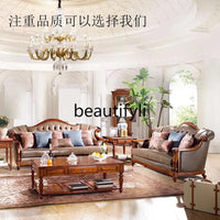 QQ132 American Style Genuine Leather Art Solid Wood Sofa Country  Light Luxury Retro European Style Combination Carved Solid Woo
