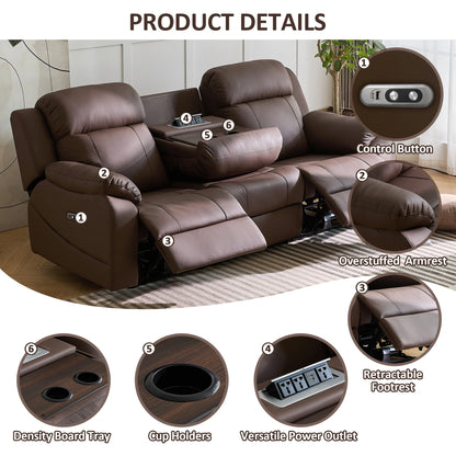Sofa with Power Outlet, USB, and Hidden Cup Holders – Genuine Leather Recliner