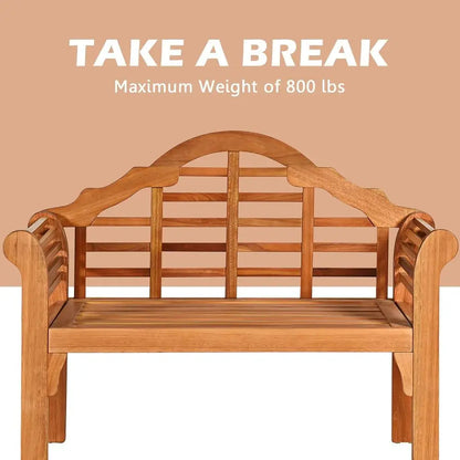 Outdoor Wood Bench, 4 Ft Foldable Eucalyptus Garden Bench, Two Person Loveseat Chair Solid with Curved Backrest and Armrest Idea