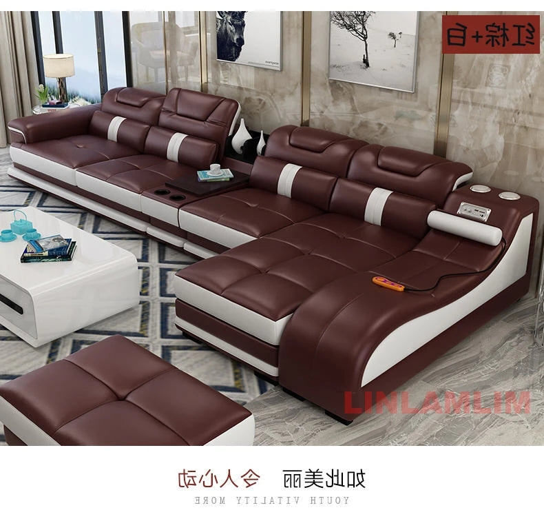 Sectional Sofa with Massage Chaise Lounge, Cup Holder, USB, Adjustable Headrests – Italian Genuine Leather Living Room Couch