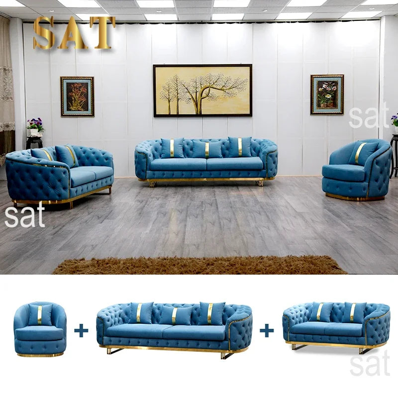 -Luxury Gold Legs Stainless Steel Blue Button Tufted Velvet Chesterfield Sofa Set 3 2 Seater SofaLiving Room Couch Set Furniture