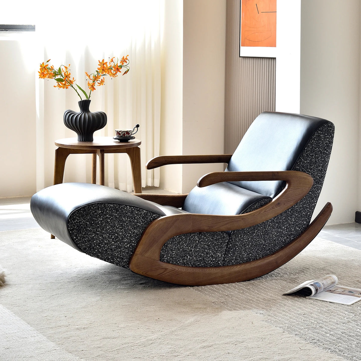 Nordic Modern Luxury Living Room Wooden Chairs Cushioned Large Rocking Single Lazy Sofa  Adult Bedroom Lounge Reading Furniture