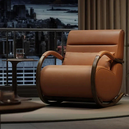 Solid wood leather lazy balcony leisure rocking chair bedroom living room household single sofa chair