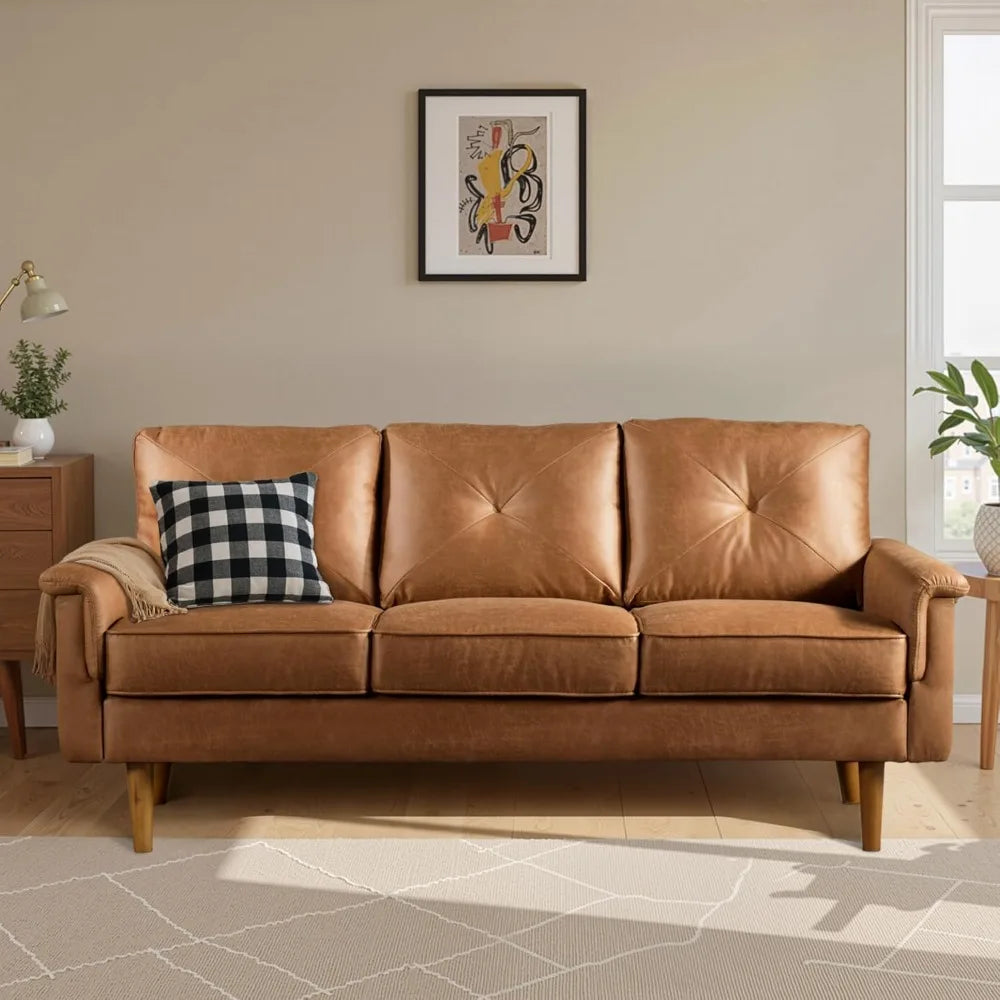 Luxury 3 Seater Sofa with Faux Leather,Mid-Century Modern Couch with Comfortable Armrest,Comfy Couches with Deep Seat,Small Sof