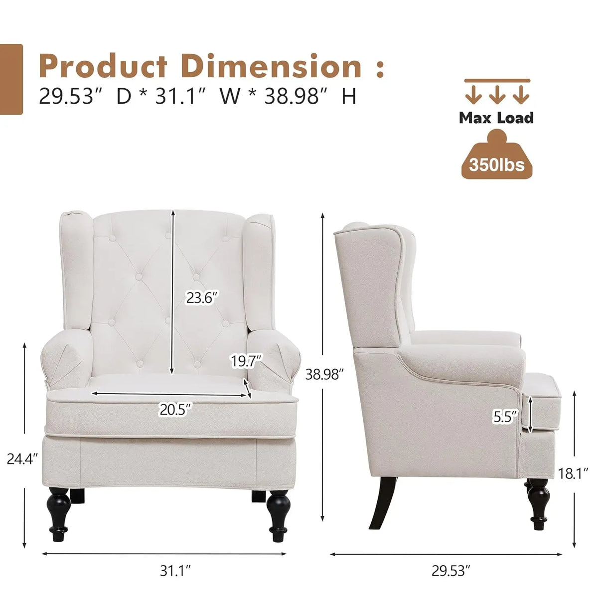 Accent Chair Set of 2, Mid Century Modern Fabric Wingback Chair, Upholstered Armchair with High Back and Vintage, Customized