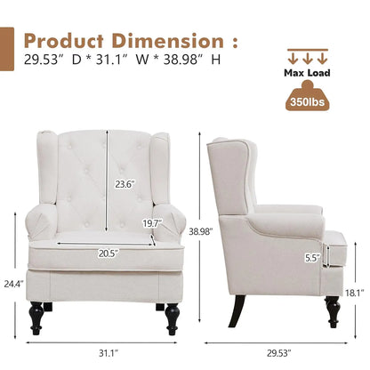 Accent Chair Set of 2, Mid Century Modern Fabric Wingback Chair, Upholstered Armchair with High Back and Vintage, Customized