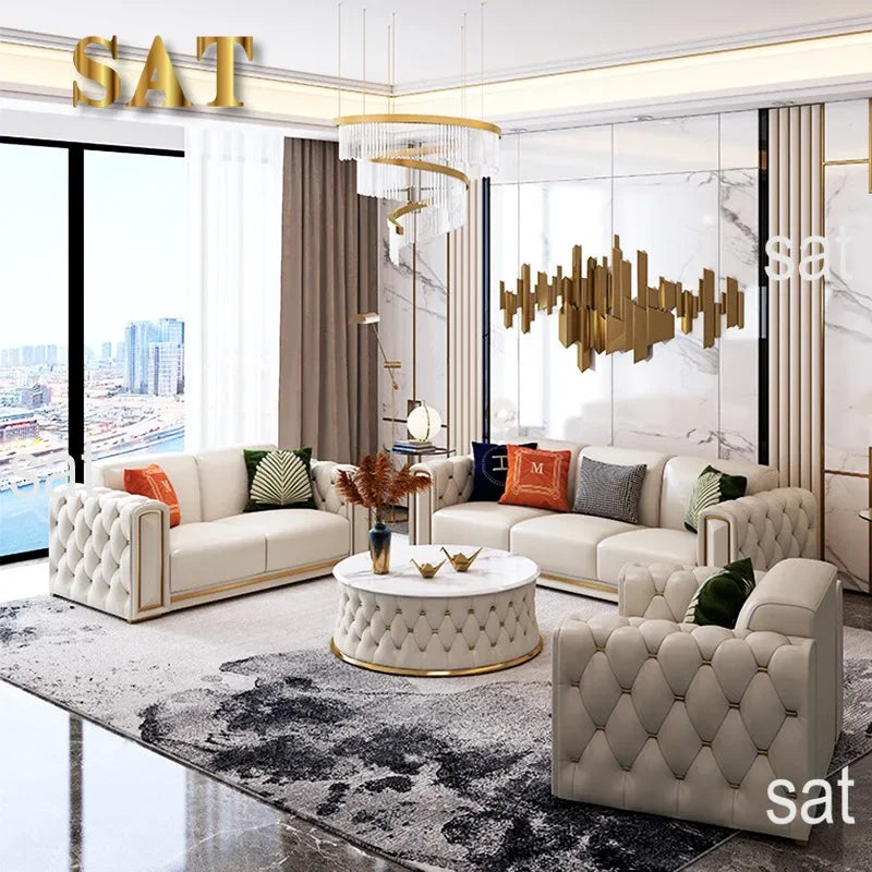 -Modern Luxury High-end Living Room Sofa Set Furniture Upholstered Full Leather Button Tufted Sofa Home