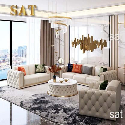 -Modern Luxury High-end Living Room Sofa Set Furniture Upholstered Full Leather Button Tufted Sofa Home