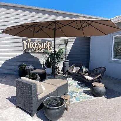 15ft Patio Market Umbrella with Base Double-Sided Rectangle Outdoor Table Sun Umbrellas with Crank 12 Heavy Duty Sturdy Ribs fo