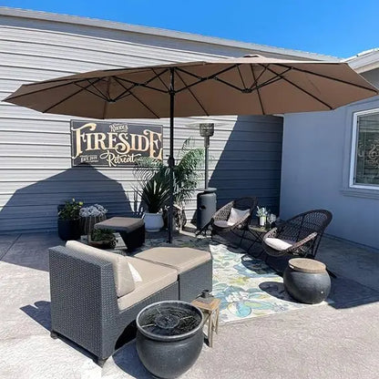 15ft Patio Market Umbrella with Base Double-Sided Rectangle Outdoor Table Sun Umbrellas with Crank 12 Heavy Duty Sturdy Ribs fo