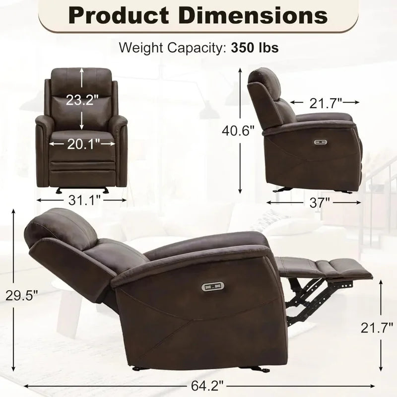 Faux Leather Recliner Chair with USB and Type-C Ports, Adjustable Footrest Recliner Sofa for Adults