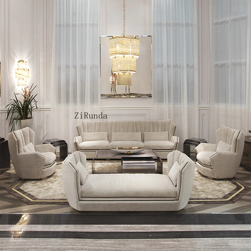 High-quality luxury white modern sofa with solid wood frame and metal, suitable for home or villa furniture