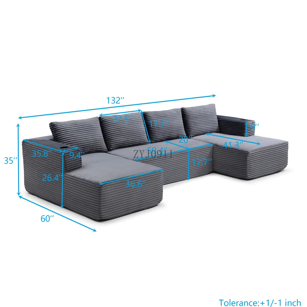 132-Inch boneless sofa, modern corduroy U-shaped modular section sofa, comfortable sofa with cup holder
