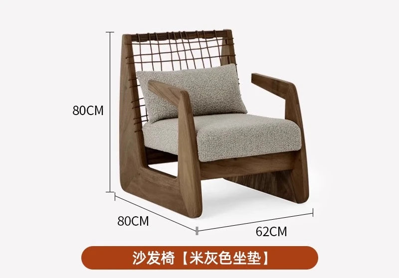 Medieval Style Solid Wood Rope Leisure Chair Retro Single Sofa Chair Wabi-sabi High-end Home Cafe Rattan Single Chair