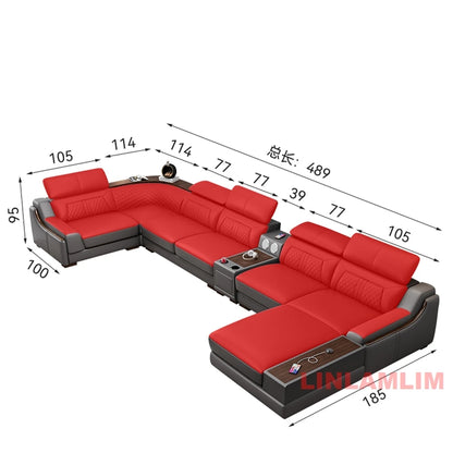 Modern U-Shaped Sectional Sofa Set with Chaise Lounge, Genuine Leather Couch with Storage Table, USB – Big Living Room Furniture