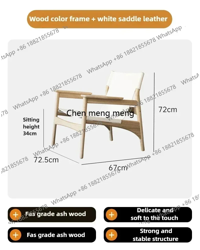 A178  High-end Leather Chair, Danish Leisure Single Back Chair, Solid Wood Saddle Leather Armchair, Home Balcony Leisure Chair