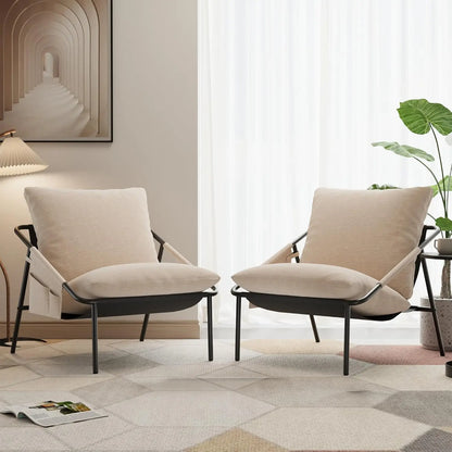 Accent Chairs Set of 2, Cozy Soft Living Room Chairs, Modern Metal Frame Reading Chair with Pockets Back Pillow, Customized