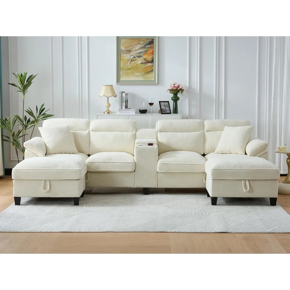 117 Inch Sofa Couch,Sectional Couches for Living Room with 2 Cup Holders,Corduroy Modular Sectional Sofa with Movable