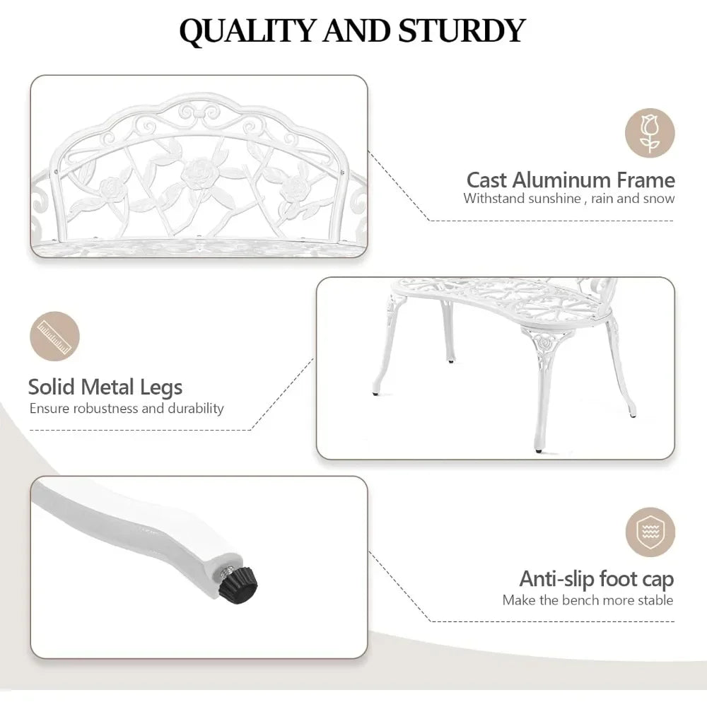 Outdoor patio bench, cast aluminum frame with antique finish, a garden rose bench