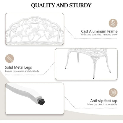 Outdoor patio bench, cast aluminum frame with antique finish, a garden rose bench