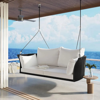 LEISURE ZONE Porch Swing with Ropes, 2-Person Hanging Swing Seat, Rattan Woven Swing Chair with Wicker and Cushion, Porch Swi