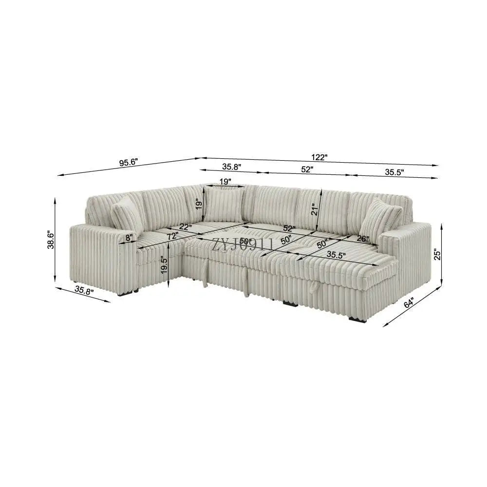 122-Inch lift sofa bed, plush fabric sofa bed with USB port, living room khaki sofa