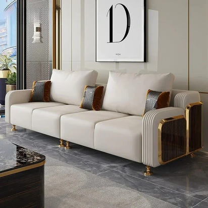 Modern Luxury Leather with Wooden Sofa Set, Fashion 2/3/4 Seater Sofa, Leather Couch for Living Room Accept Customzied Color