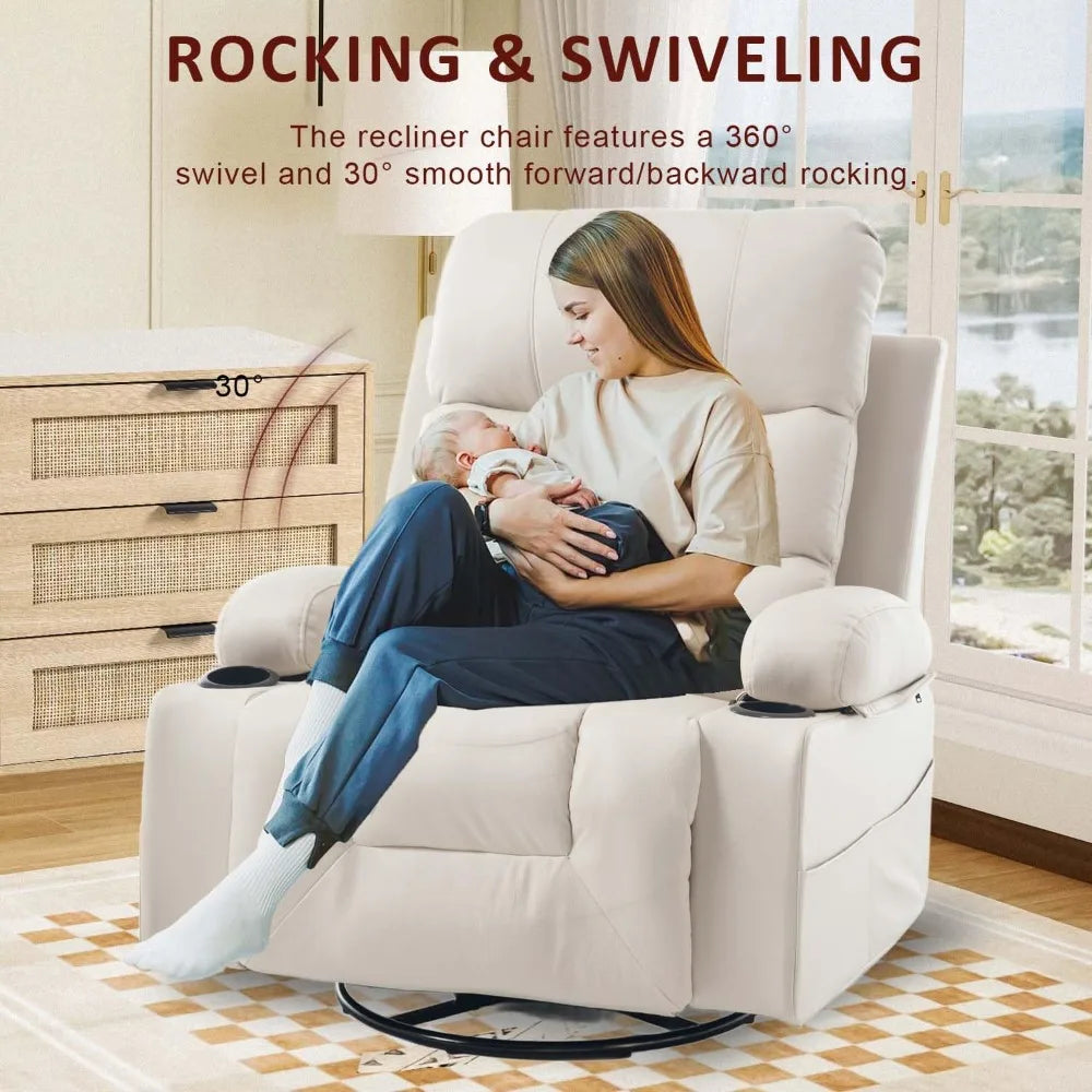 Rocker Recliner Chair with Heat and Massage, Oversized Manual Recliner Chair with Cup Holder, Faux Leather Swivel, Customized
