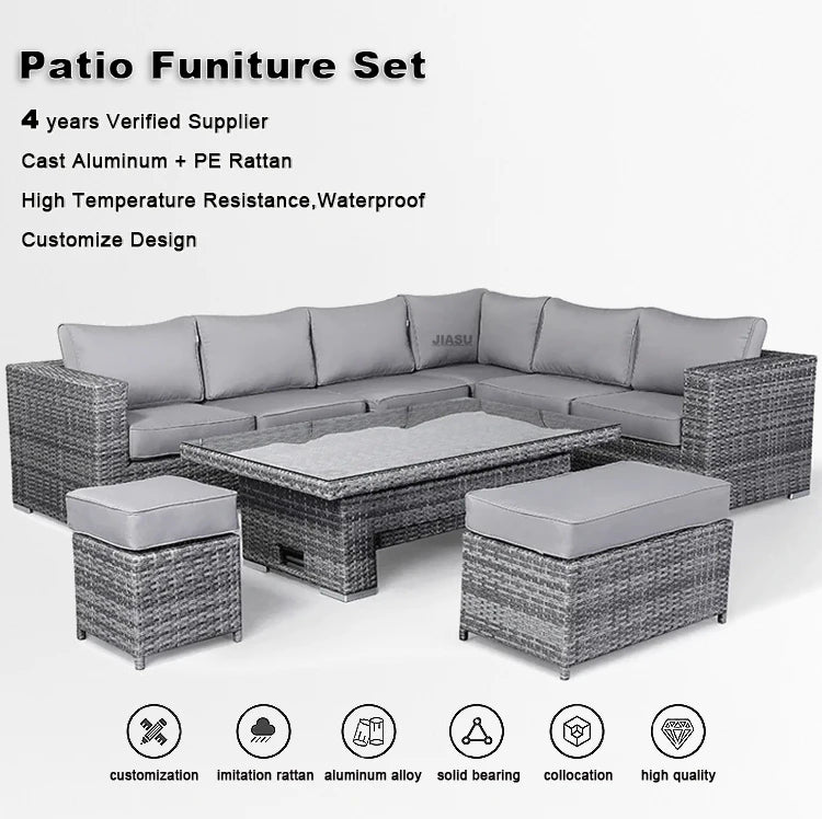 4 Piece Modern Luxury Dining Metal Aluminum Wicker Rope Ratan Sofa Garden Set With Fire Pit Outdoor Rattan Patio Furniture Set