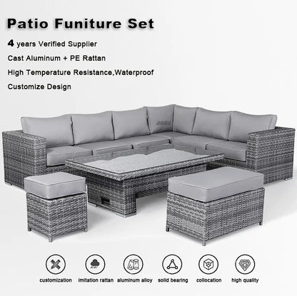 4 Piece Modern Luxury Dining Metal Aluminum Wicker Rope Ratan Sofa Garden Set With Fire Pit Outdoor Rattan Patio Furniture Set