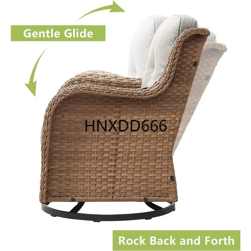 5-Piece Outdoor Rattan Conversation Set with 2 Rotating Rocking Chairs, 2 Foot Pads, and a Side Table