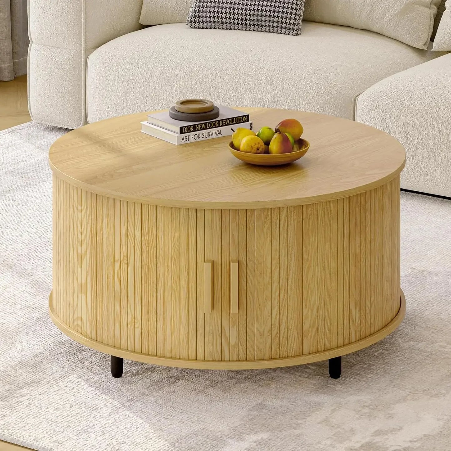 Round Coffee Table with Storage, 31.5" Modern Coffee Table with 360° Curved Sliding Door, Fluted Wood Accent Coffee Table with