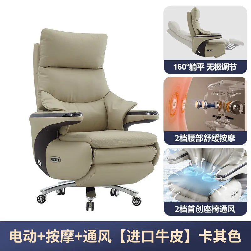 New Electric Genuine Leather Executive Chair - High-Back Reclining Office Desk Chair for Daytime Rest and Prolonged Sitting JT40