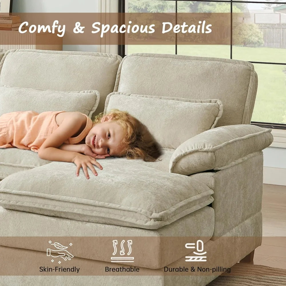 Chenille Sofa Sleeper Deep Seat Sofa with 4 Throw Pillows, 4-Seater,113