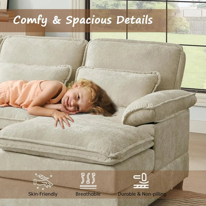 Chenille Sofa Sleeper Deep Seat Sofa with 4 Throw Pillows, 4-Seater,113" U Shaped Sectional Sofa, Comfy Cloud Couch