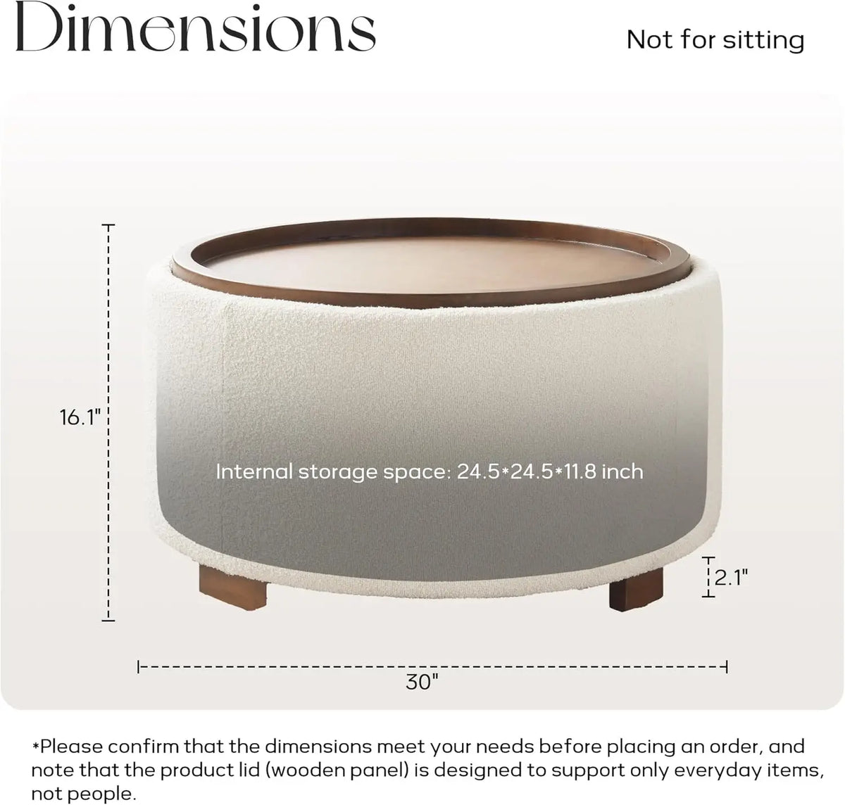30 Inch Round Storage Ottoman Coffee Table, Modern Boucle with Lift-Off Lid & Solid Wood Legs, Beige