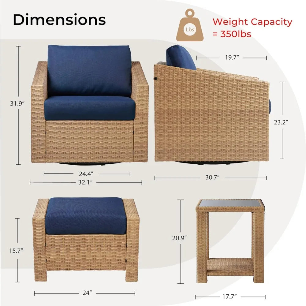 Furniture 5 Pieces Swivel Wicker Patio Furniture Set, Outdoor Conversation Set With 2 Pieces Rattan Swivel Chairs, 2 Pieces