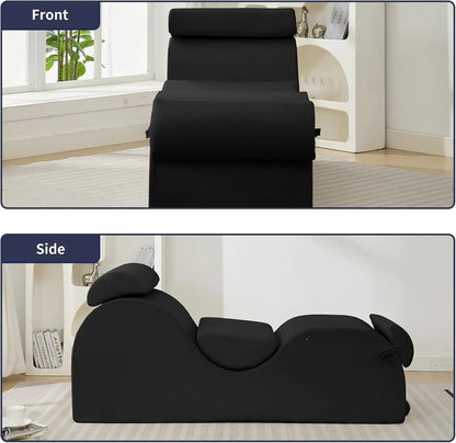 Sleek Chaise Lounge Chair for Exercise/Yoga, Indoor Lounger with Headrest, Waist Cushion, Movable Footrest, Side Pockets, Non-Sl